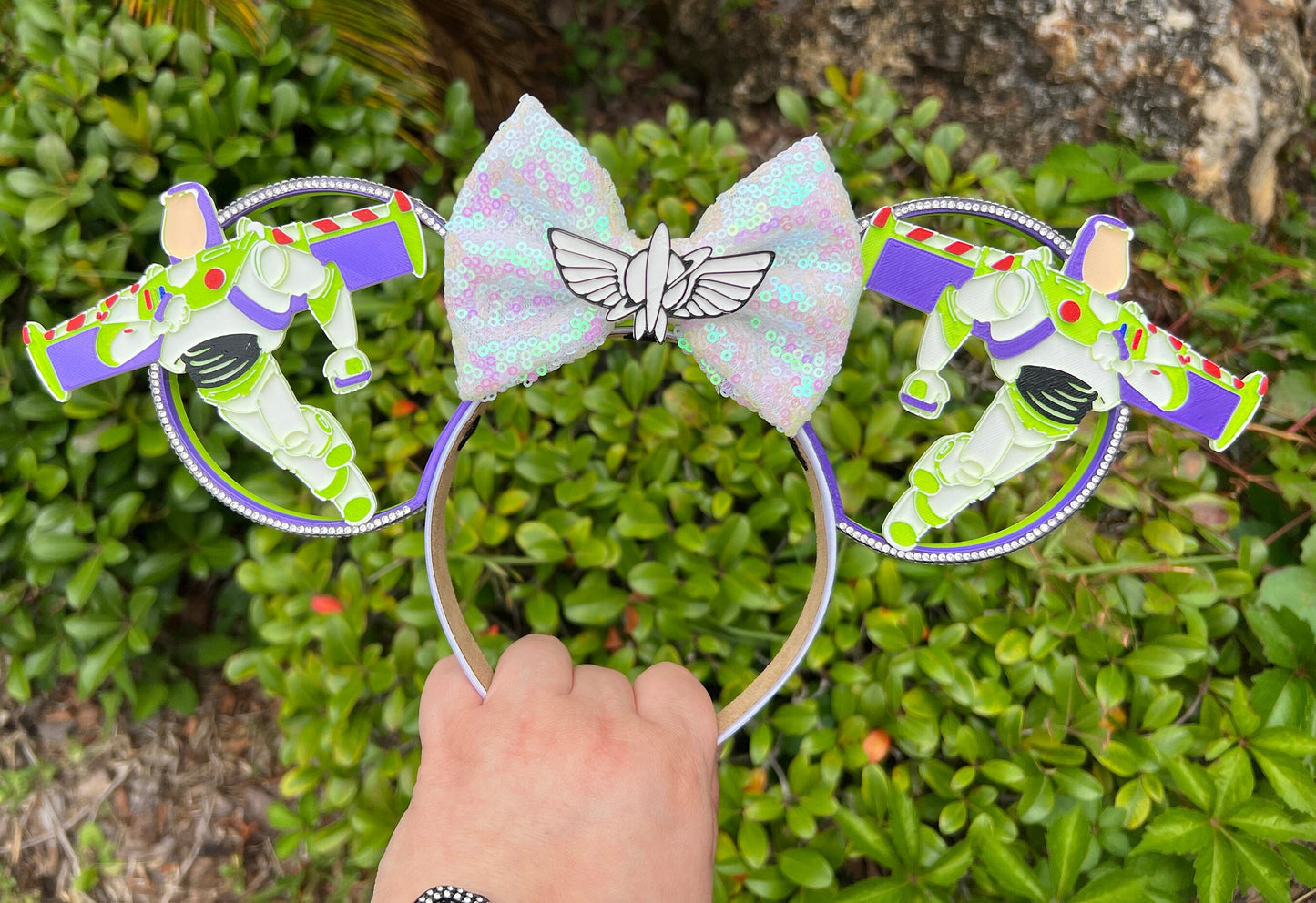 Fly to Infinity: Buzz Lightyear 3D Minnie Ears with Star Command Centerpiece & Whimsical Stellar Bow - Disney Toy Story Adventure || Deluxe