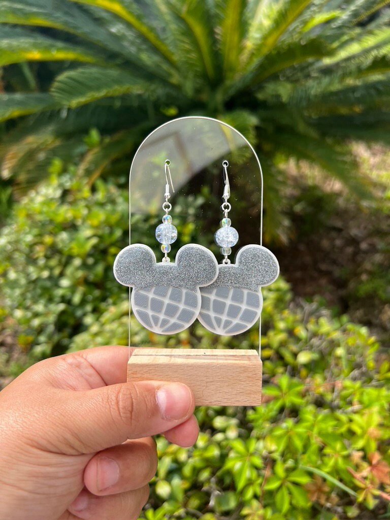 Epcot Ball Mickey Ear Earrings with Platinum Glitter | Resin Dangle Earrings | Disney-inspired Jewelry | Magical Accessories