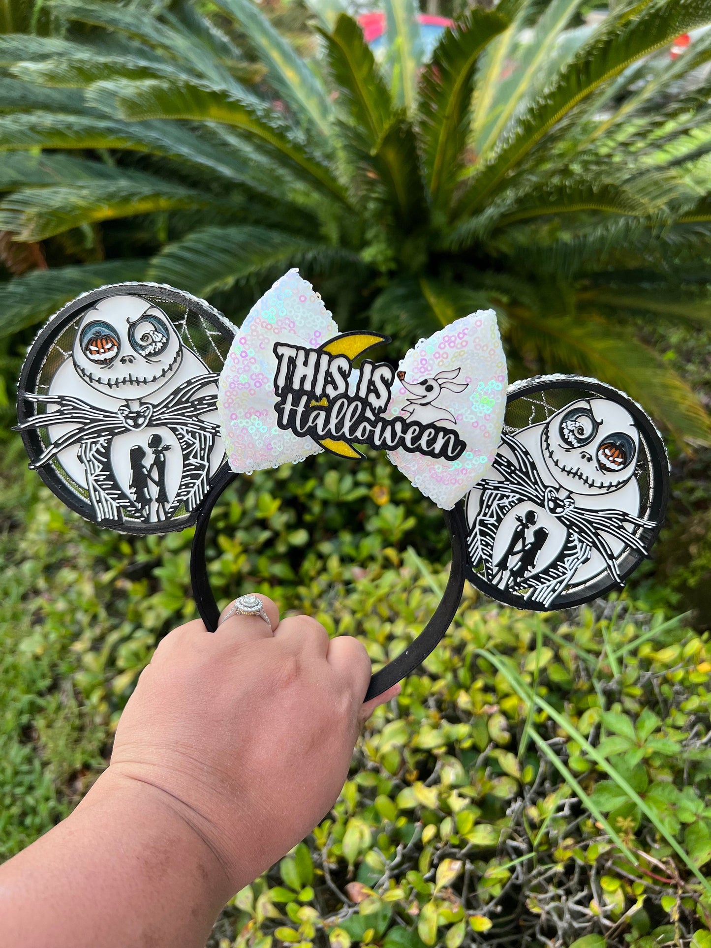 Jack Skellington 3D Minnie Ears with Iridescent Bow - Nightmare Before Christmas Halloween Disney Ears