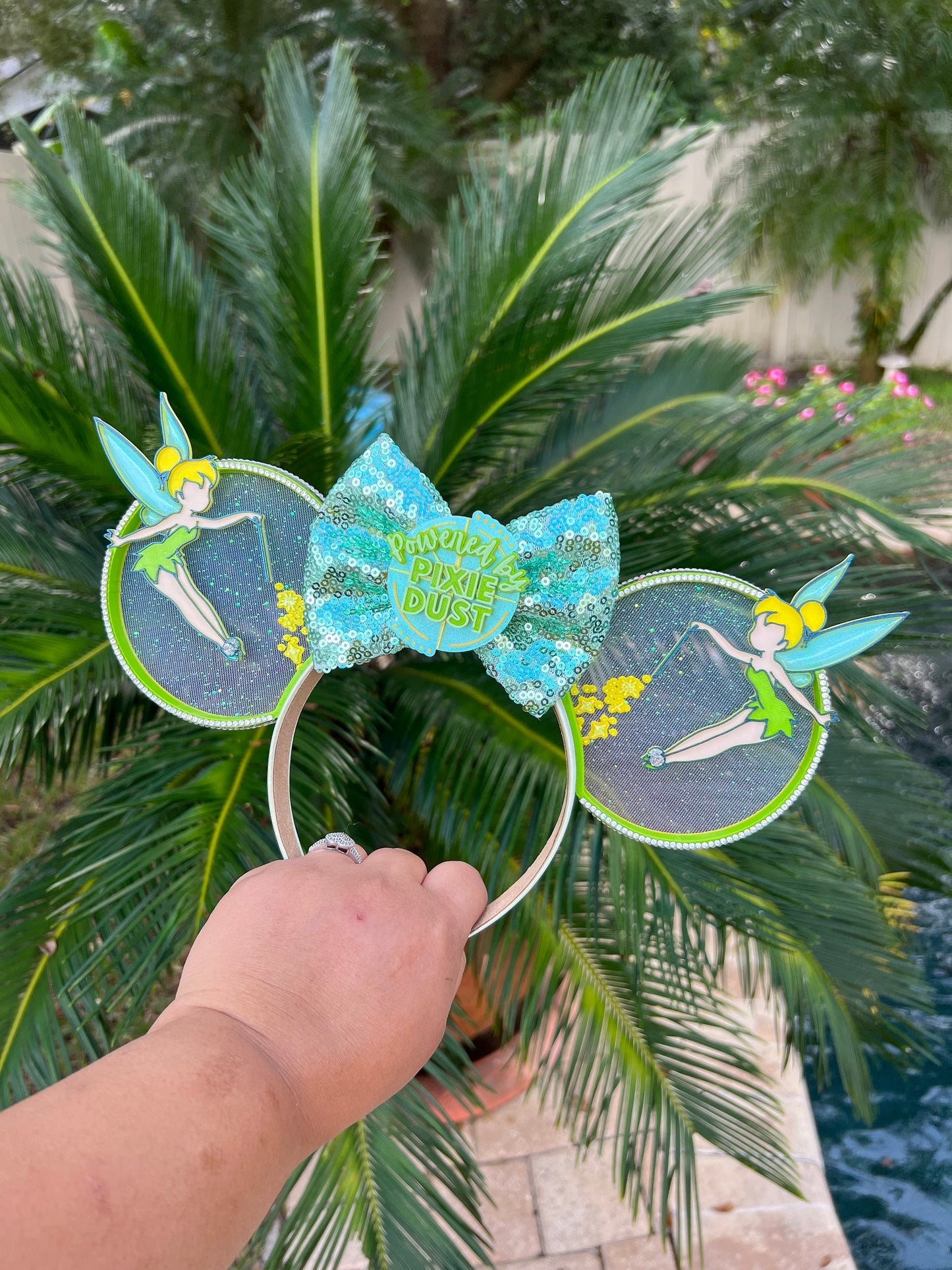 Tinkerbell Minnie Ears with Iridescent Bow | Powered by Pixie Dust | Disney Neverland Inspired | 3D Printed Ears | Disney Park Accessory