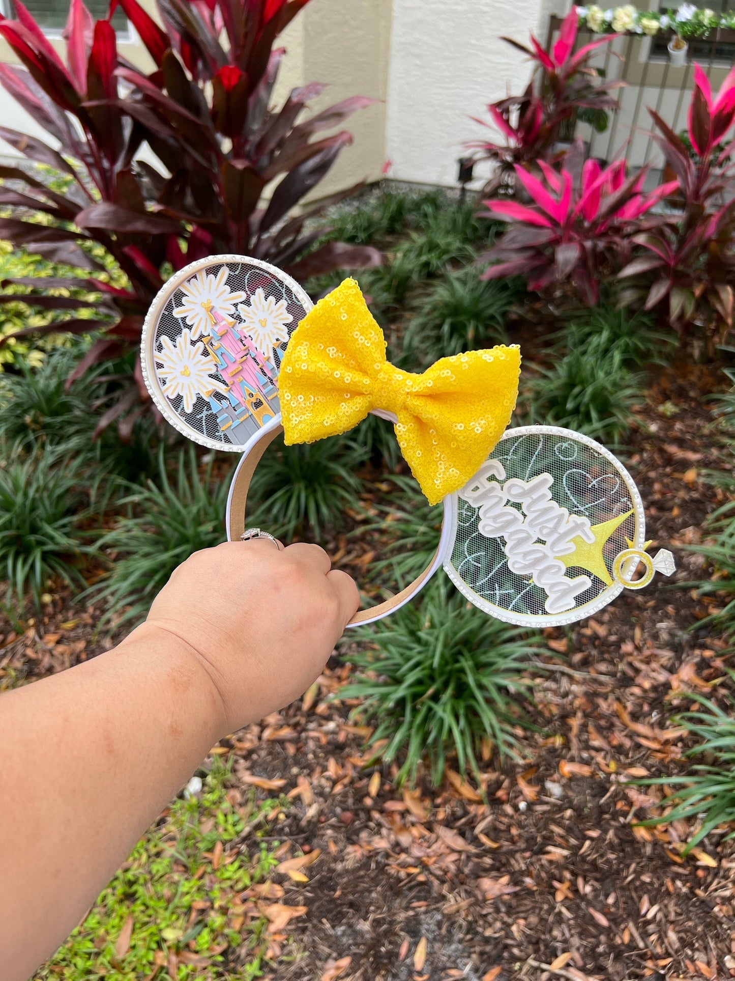 Engaged at Disney Minnie Ears - Yellow Sequin Bow with Fireworks & Ring Detail | Disney Engagement Announcement Ears | 3D Printed Ears