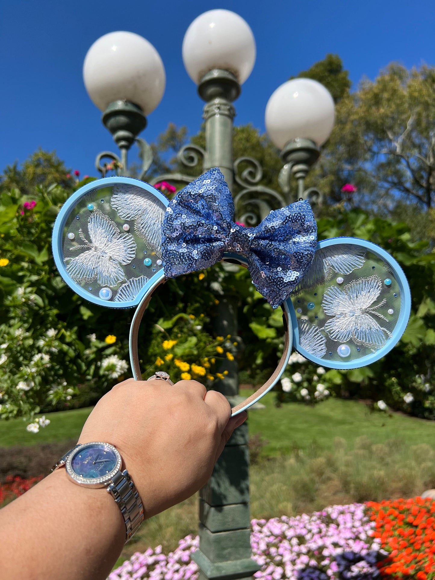 Blue Butterfly Fantasy Minnie Ears with Sparkling Sequin Bow - Enchanted Disney Headband