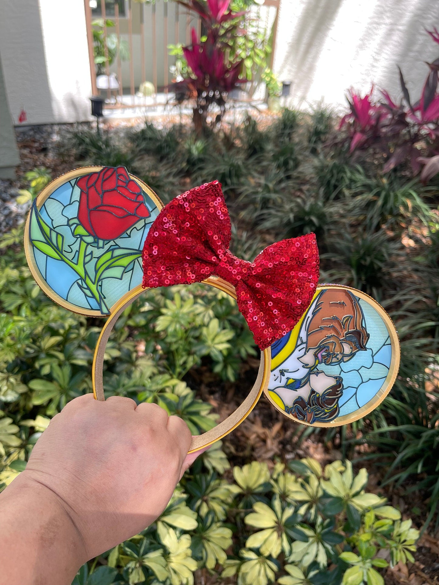 Enchanted Belle and Beast Minnie Ears - Beauty & the Beast Rose Headband with Yellow Sequin Bow, Disney Princess Ear || Deluxe