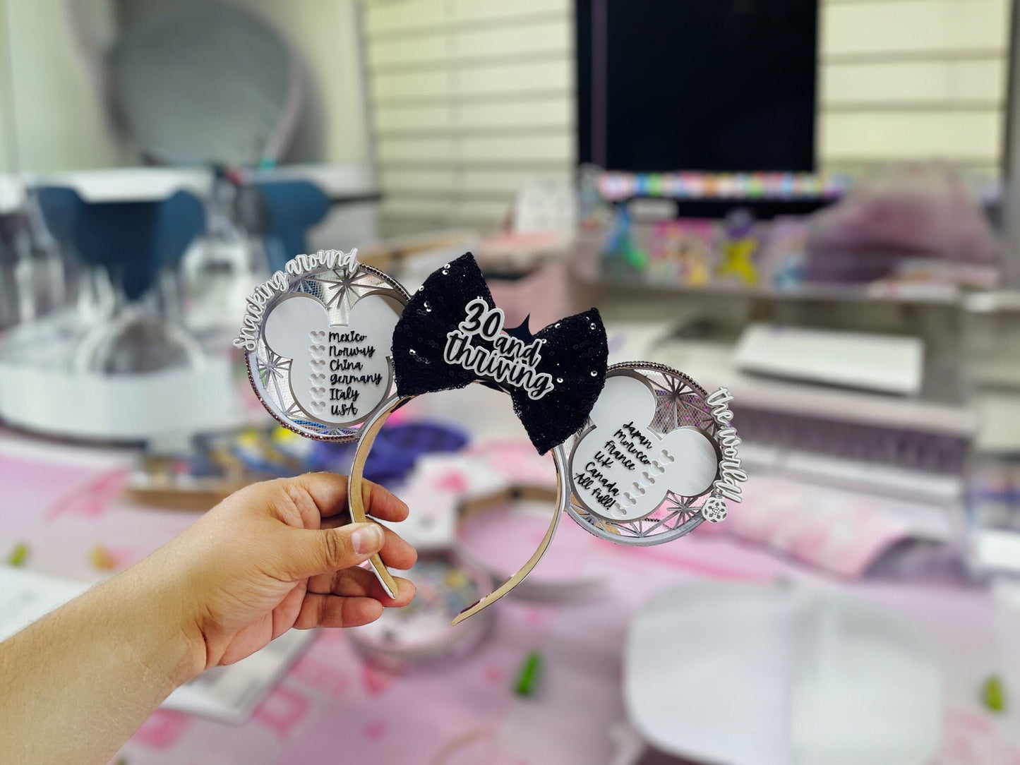 SNACKING Around the World Checklist Custom Minnie Ear | Personalized Mickey Mouse Ears || Matching Earrings Available