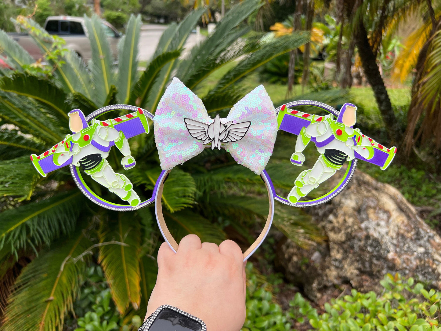 Fly to Infinity: Buzz Lightyear 3D Minnie Ears with Star Command Centerpiece & Whimsical Stellar Bow - Disney Toy Story Adventure ||  Deluxe