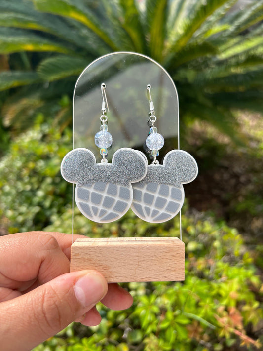 Epcot Ball Mickey Ear Earrings with Platinum Glitter | Resin Dangle Earrings | Disney-inspired Jewelry | Magical Accessories