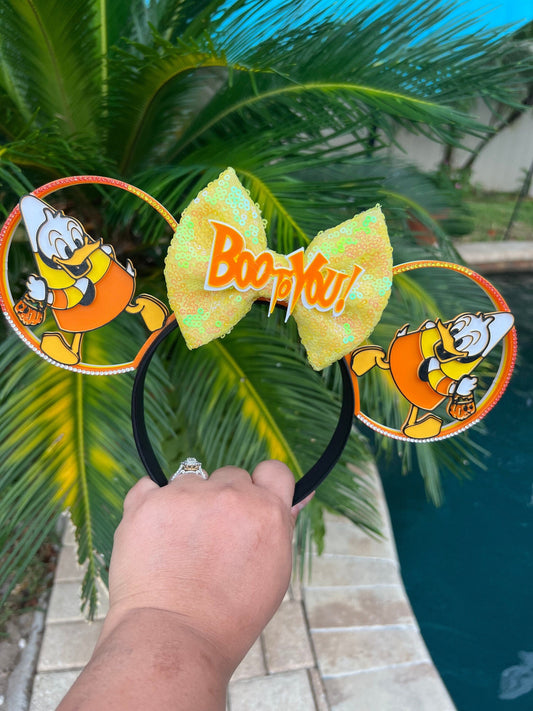 Candy Corn Donald Duck Minnie Ear | Bewitching Boo to You Yellow Bow | 3D Printed Disney Ears