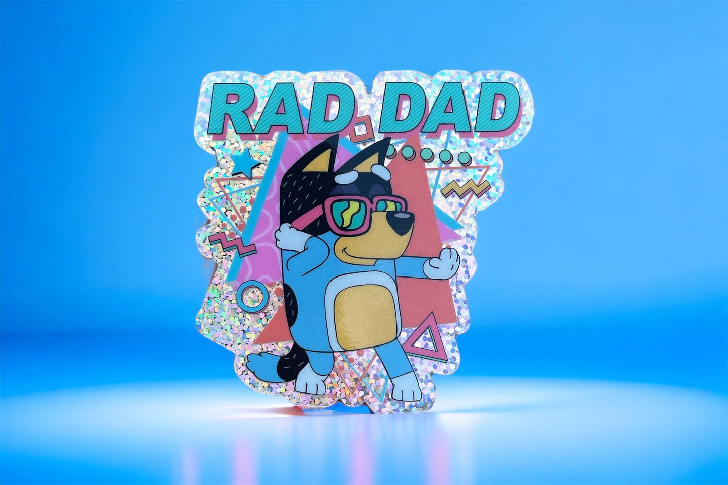 Rad Dad Bluey Bandit Glitter Sticker | Father's Day Gift | Retro Colorful Decal | Dancing Bluey’s Dad Bandit | Fun Dad Gift