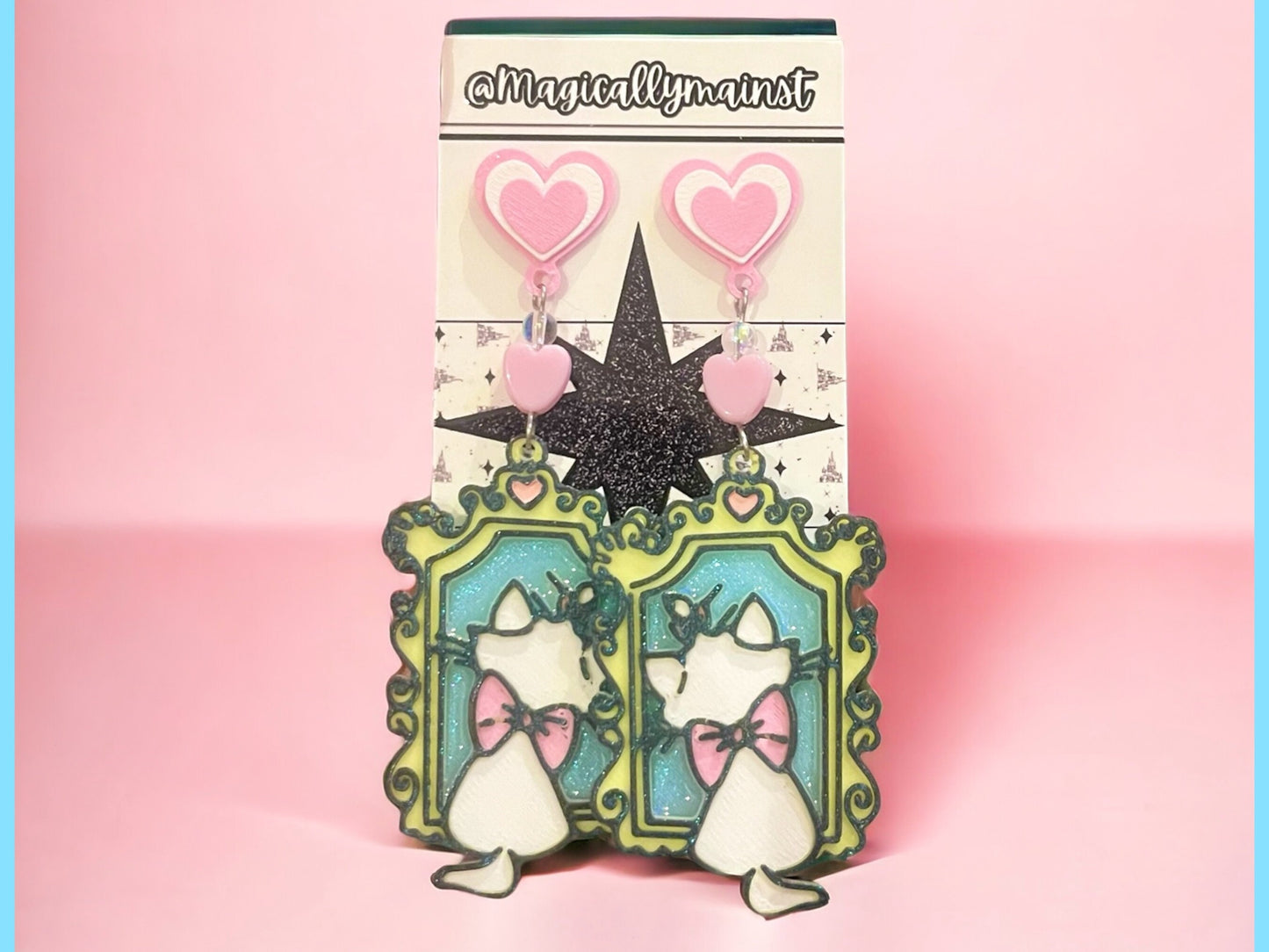 Marie Aristocats Earrings - Vintage Frame Design with Heart Accents | Resin Dangle Earrings | Disney-inspired Jewelry | Magical Accessories