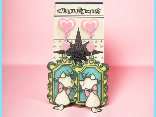Marie Aristocats Earrings - Vintage Frame Design with Heart Accents | Resin Dangle Earrings | Disney-inspired Jewelry | Magical Accessories