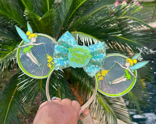 Tinkerbell Minnie Ears with Iridescent Bow | Powered by Pixie Dust | Disney Neverland Inspired | 3D Printed Ears | Disney Park Accessory