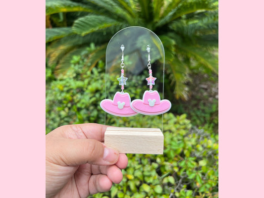 Enchanted Pink Cowboy Hat Minnie Earrings - Disney Inspired with Star Charms | Resin Dangle Earrings | Disney-inspired Jewelry |