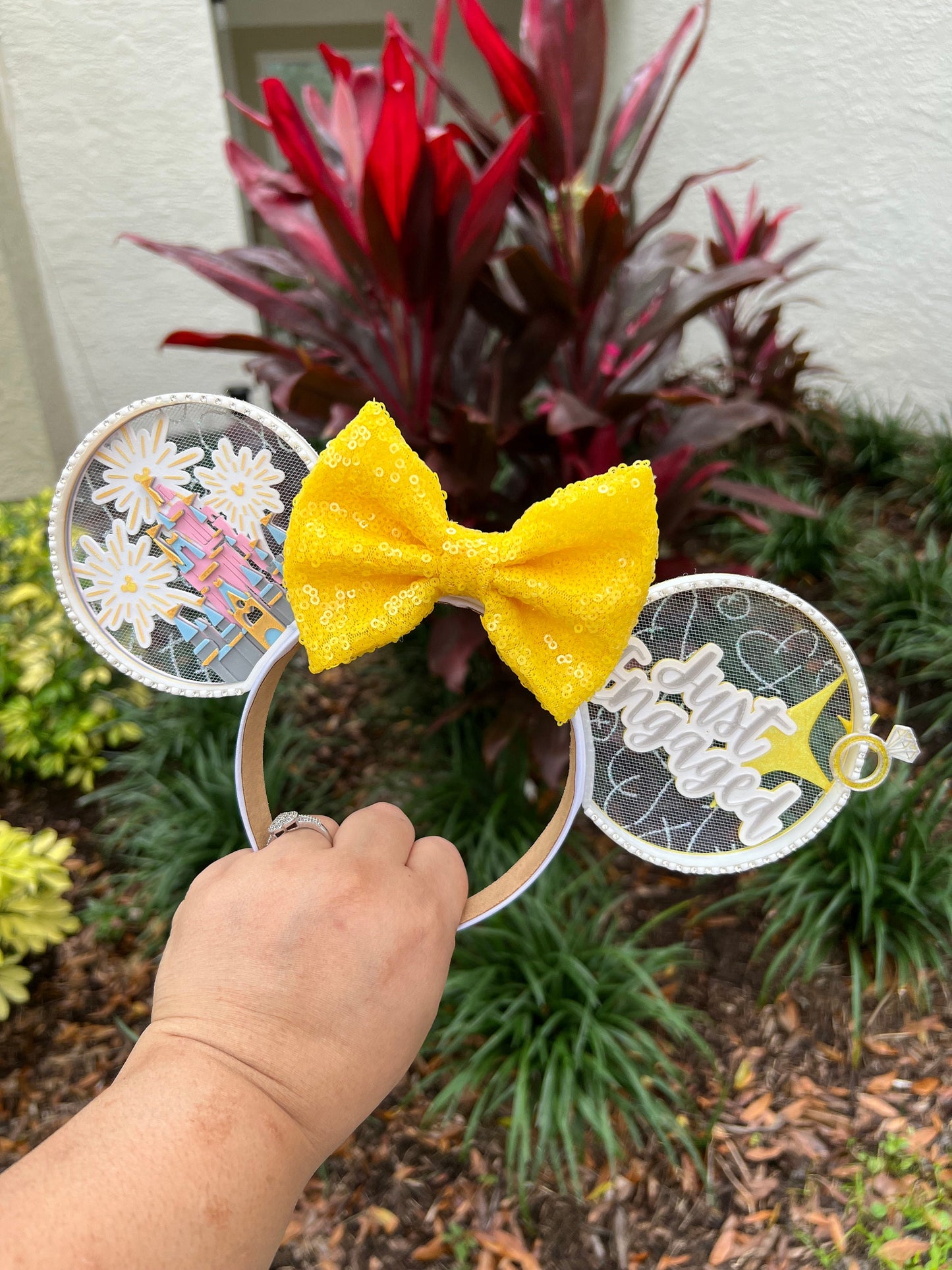 Engaged at Disney Minnie Ears - Yellow Sequin Bow with Fireworks & Ring Detail | Disney Engagement Announcement Ears | 3D Printed Ears