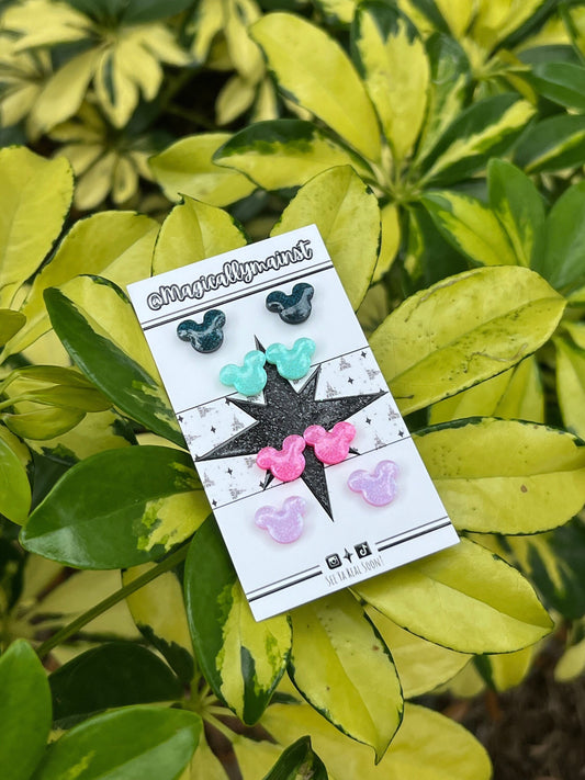 Disney Mickey Glitter Stud Earrings Set - Black, Teal, Pink, & Lavender | Hypoallergenic