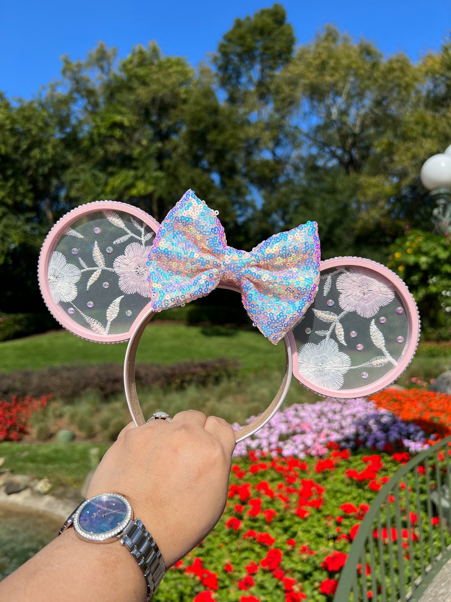 Pink & White Floral Embroidered Minnie Ears - Sparkling Spring Disney Headband ||  Deluxe