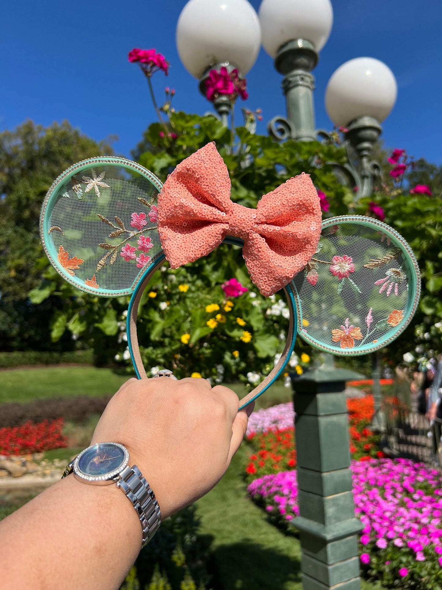 Spring Blossom Minnie Ears with Coral Bow - Floral Embroidered Disney Headband ||  Deluxe