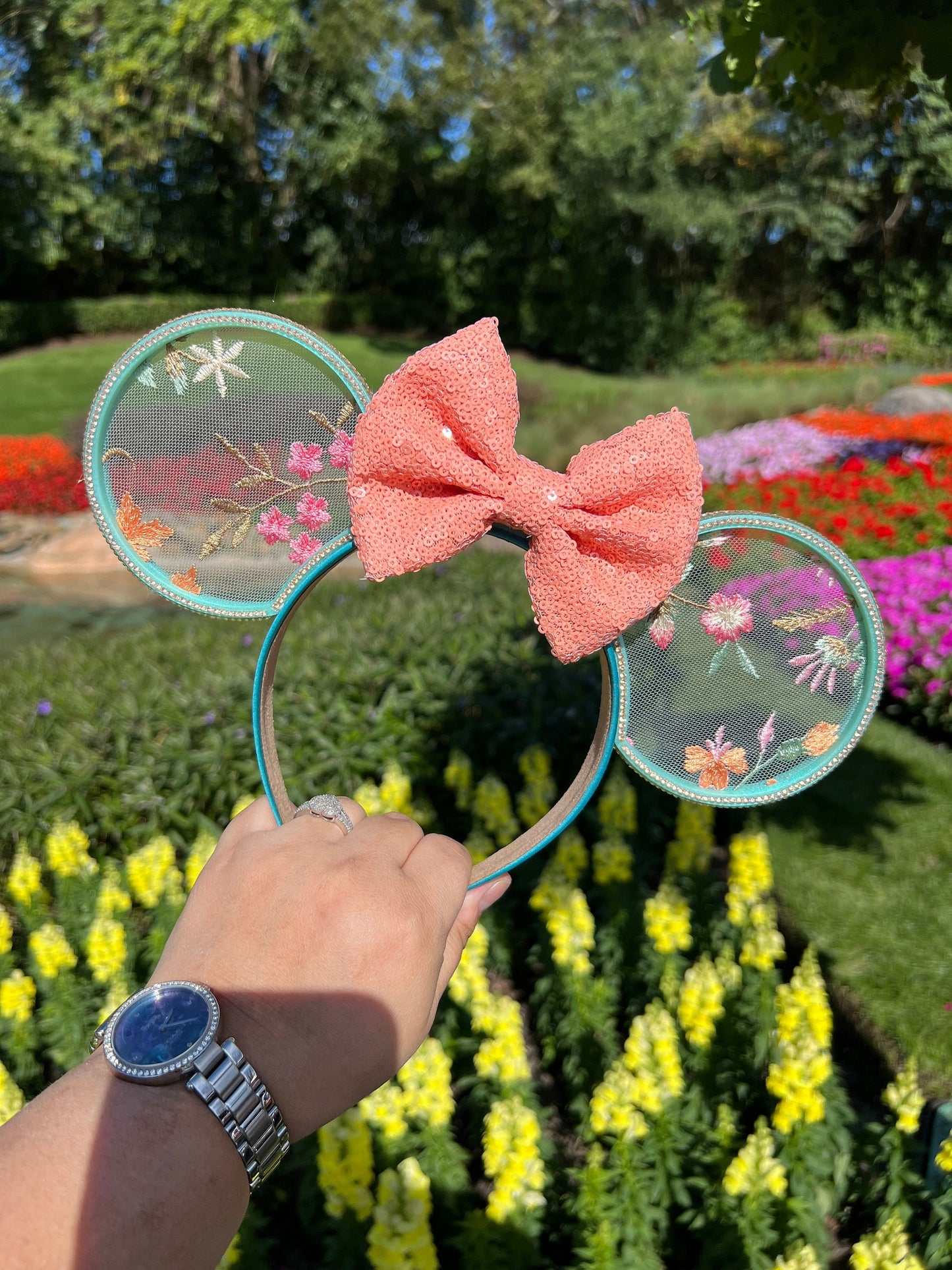 Spring Blossom Minnie Ears with Coral Bow - Floral Embroidered Disney Headband ||  Deluxe