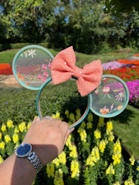 Spring Blossom Minnie Ears with Coral Bow - Floral Embroidered Disney Headband ||  Deluxe
