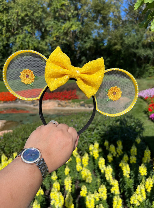 Sunny Sunflower Minnie Ears with Vibrant Yellow Bow - Summer Disney Floral Headband ||  Deluxe