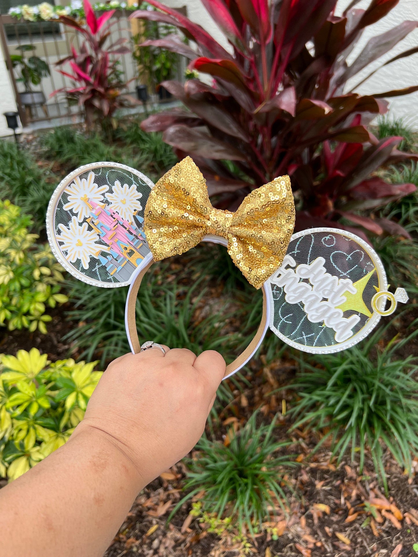 Engaged at Disney Minnie Ears - Yellow Sequin Bow with Fireworks & Ring Detail | Disney Engagement Announcement Ears | 3D Printed Ears