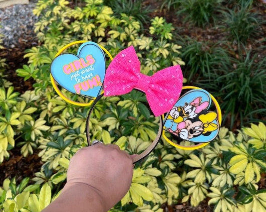 Best Friends Minnie & Daisy Ears - Glittering Pink Bow | Iconic Disney Duo | Friendship Minnie Mouse Ears ||  Deluxe