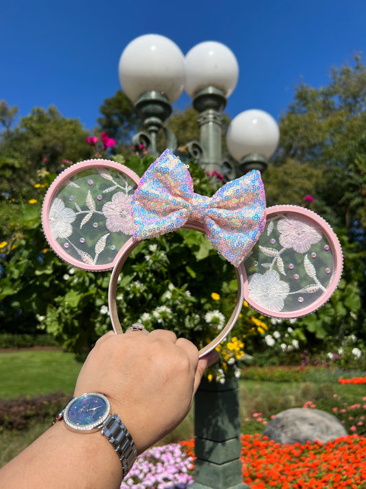 Pink & White Floral Embroidered Minnie Ears - Sparkling Spring Disney Headband ||  Deluxe