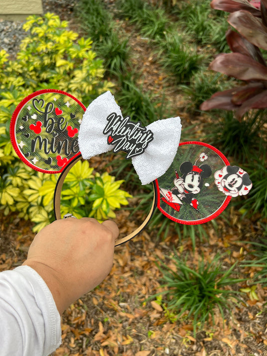 Be Mine Valentine's Day Minnie Ears with Sparkling White Bow - Disney Love-Themed Headband