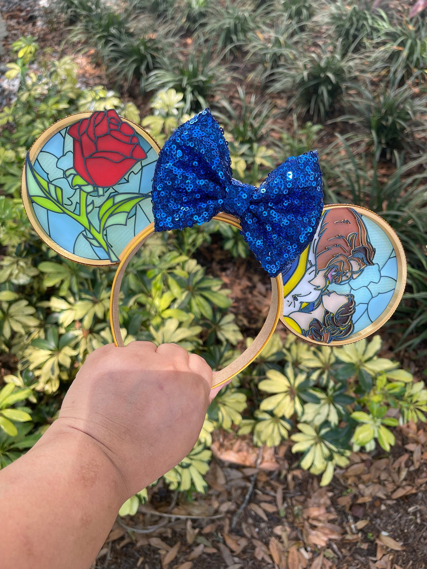 Enchanted Belle and Beast Minnie Ears - Beauty & the Beast Rose Headband with Yellow Sequin Bow, Disney Princess Ear ||  Deluxe