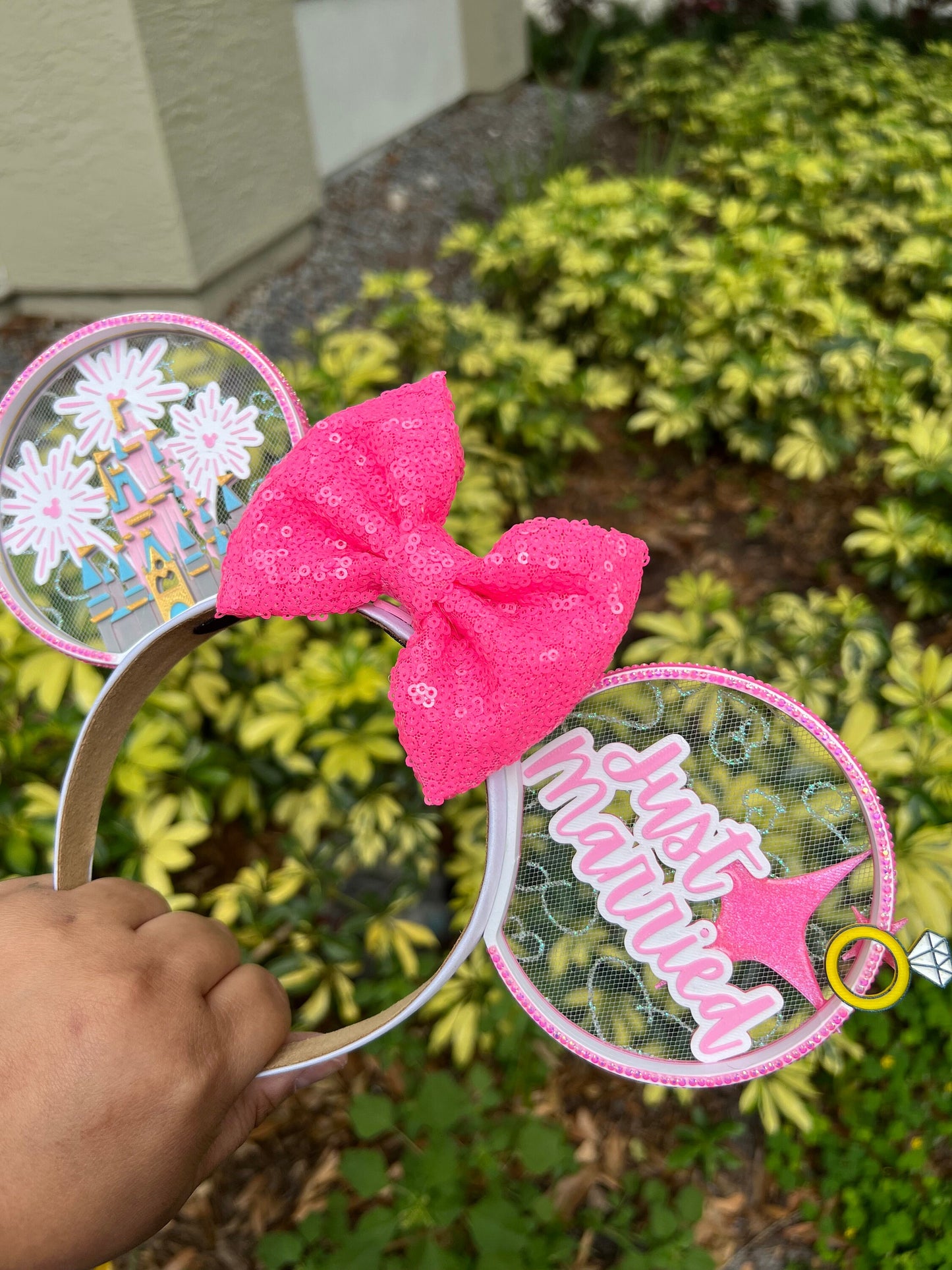 Just Married 3d Minnie Ears – Perfect Disney Honeymoon Accessory with Pink Sequin Bow | 3D Printed Ears