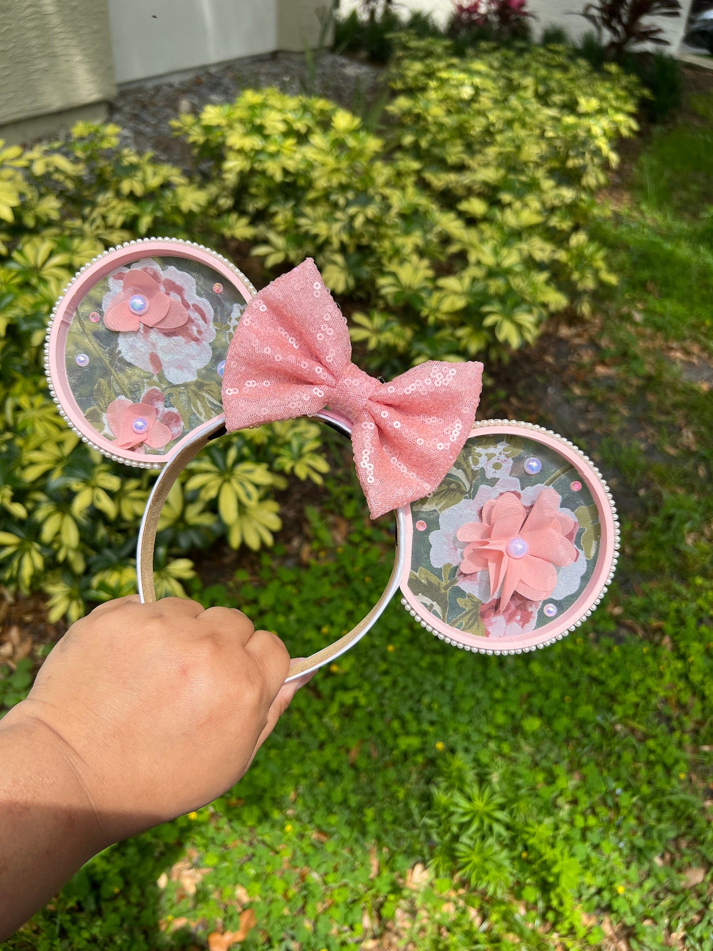 Pink Floral & Pearl Minnie Ears - Blooming Sheer Bow Design ||  Deluxe