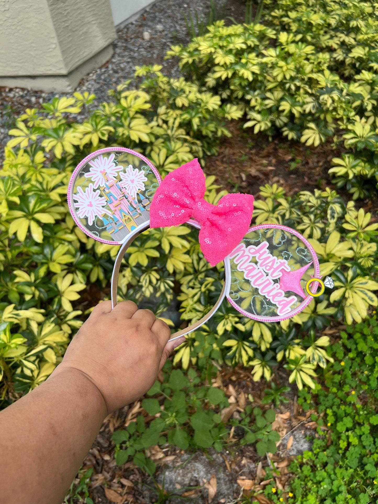 Just Married 3d Minnie Ears – Perfect Disney Honeymoon Accessory with Pink Sequin Bow | 3D Printed Ears