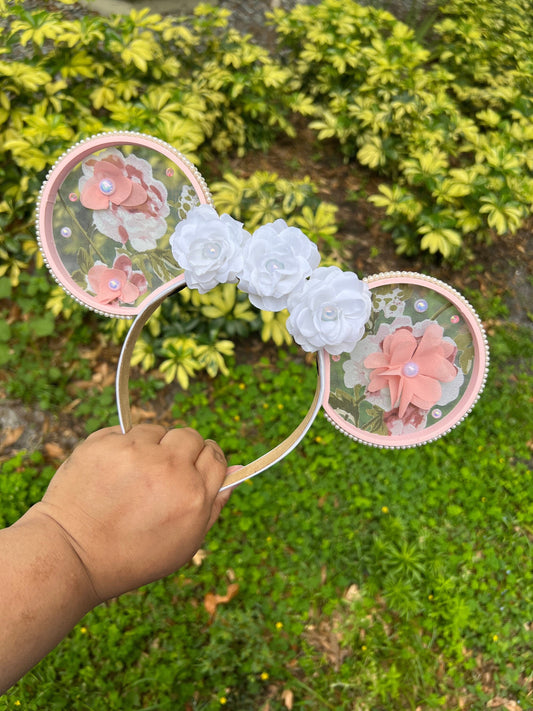 Pink Floral & Pearl Minnie Ears - Blooming Sheer Bow Design ||  Deluxe