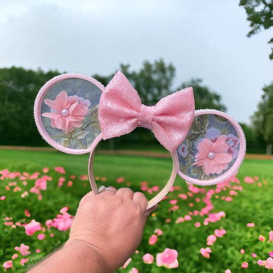 Pink Floral Fantasy Minnie Ears - Blooming Sheer Bow Design ||  Deluxe